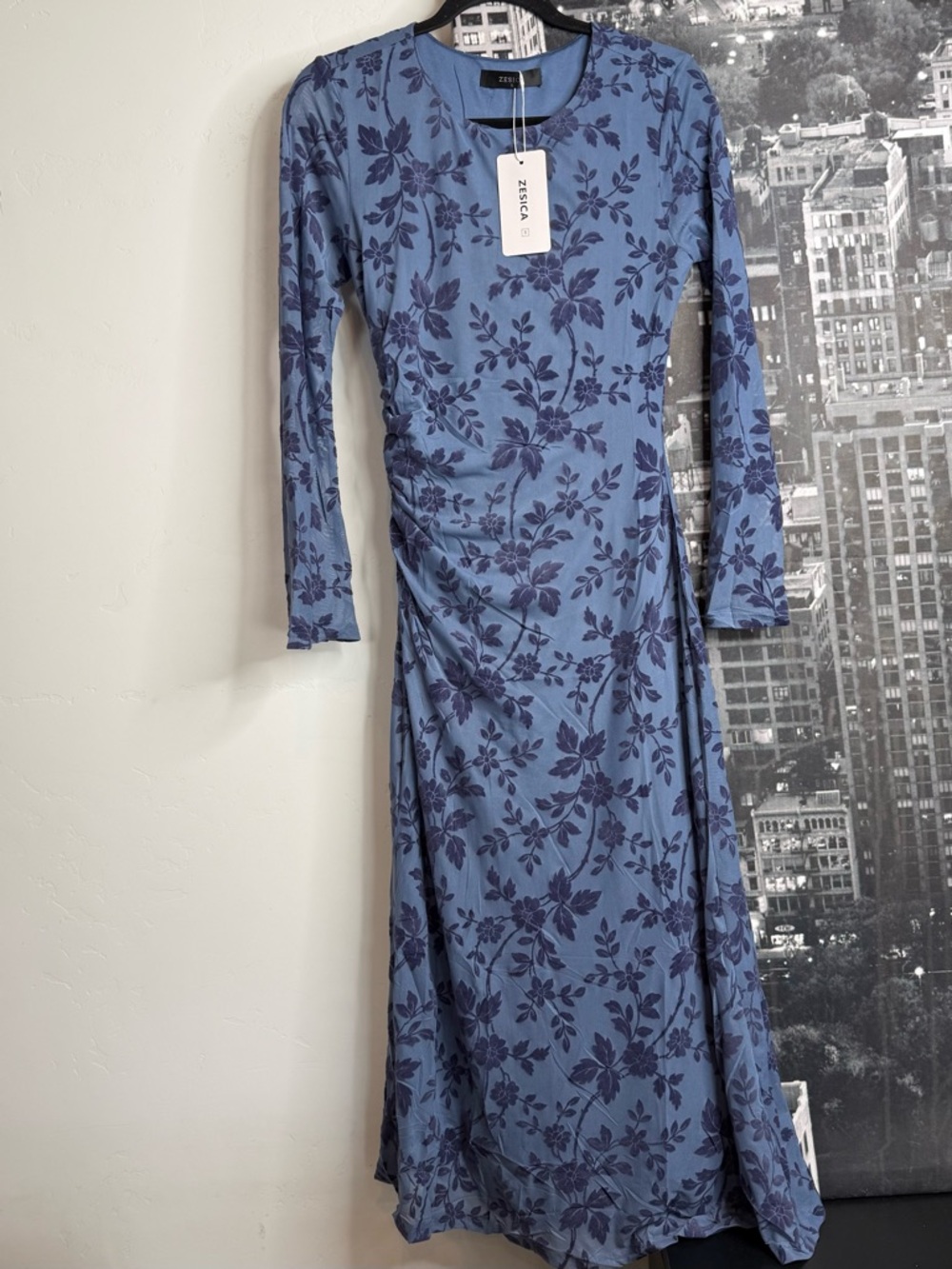 NWT ZESICA Dusty Blue Floral Mesh Maxi Dress S Cottagecore Romantic